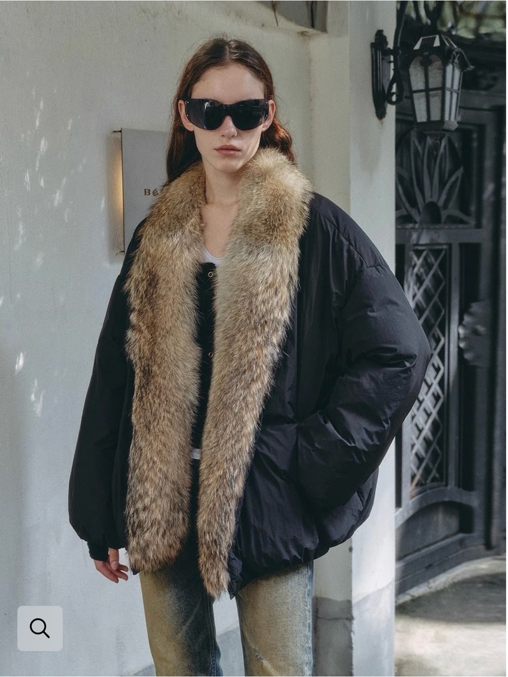 Women’s Black Puffer Jacket with Natural Fur Trim NWOT